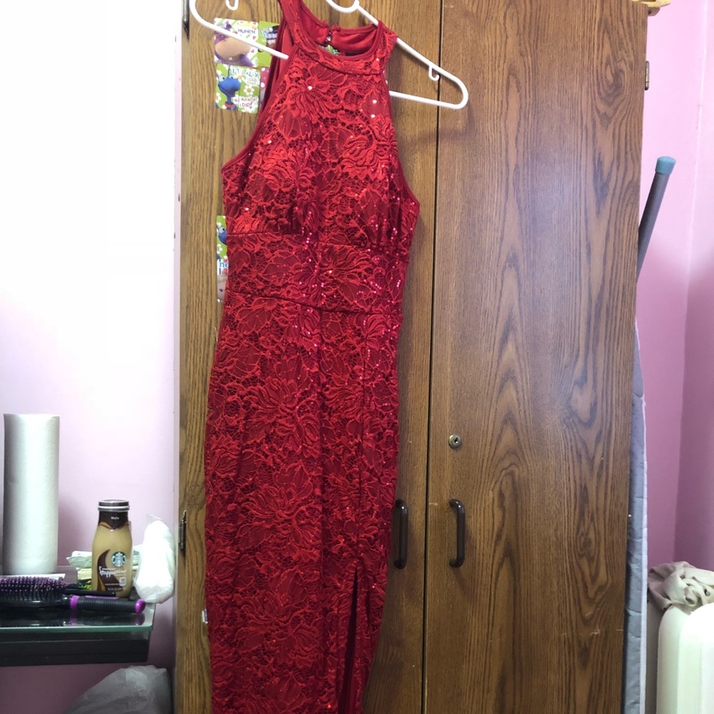 Red Lace Dress with a Slit and Sequins